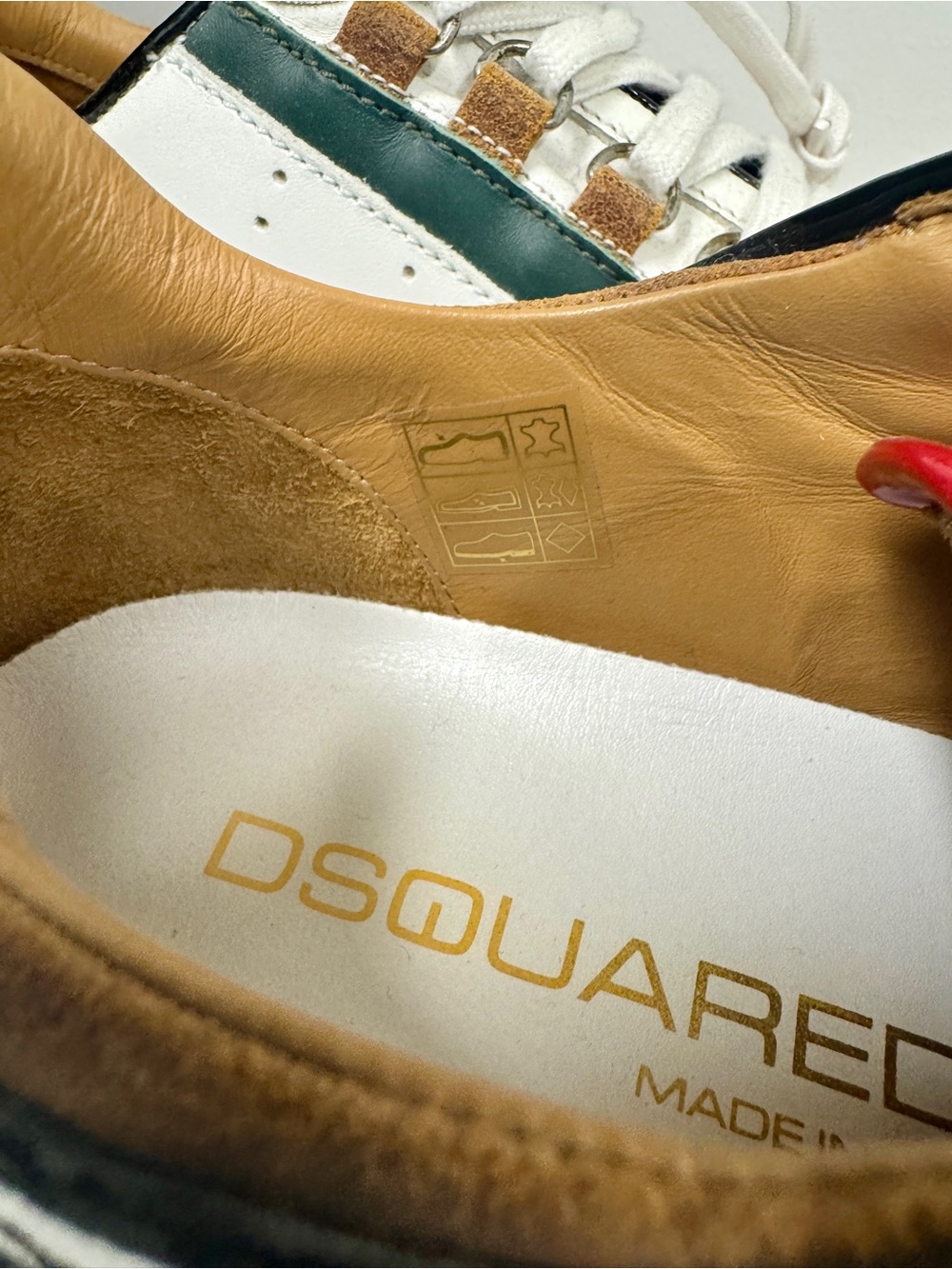DSQUARED2 White Leather Sneakers with Green & Red Accents and Tan Interior NWT - Picture 10 of 13